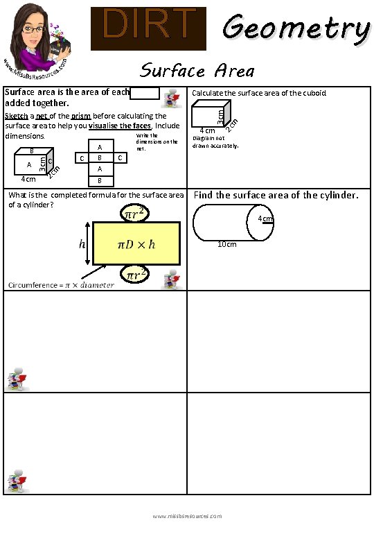 Geometry DIRT Surface Area Surface area is the area of each face added together.