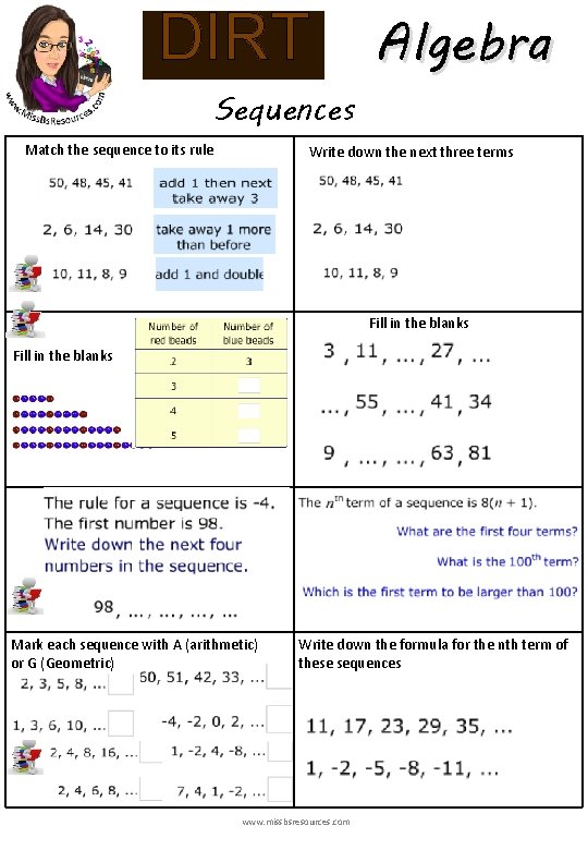 DIRT Sequences Match the sequence to its rule Algebra Write down the next three