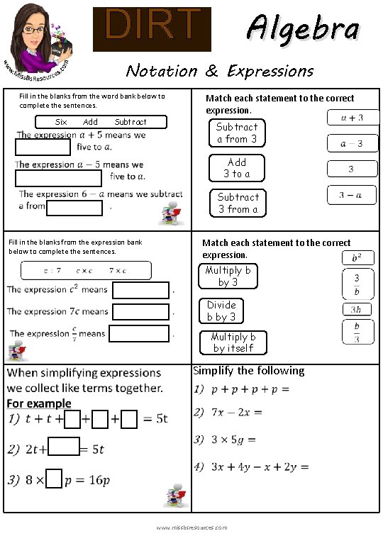 Algebra DIRT Notation & Expressions Fill in the blanks from the word bank below