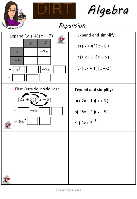 DIRT Expansion Algebra Expand simplify: × a) ( x + 4 )( x +