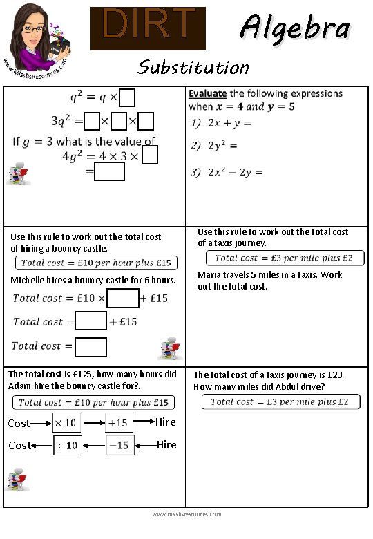 Algebra DIRT Substitution Use this rule to work out the total cost of hiring