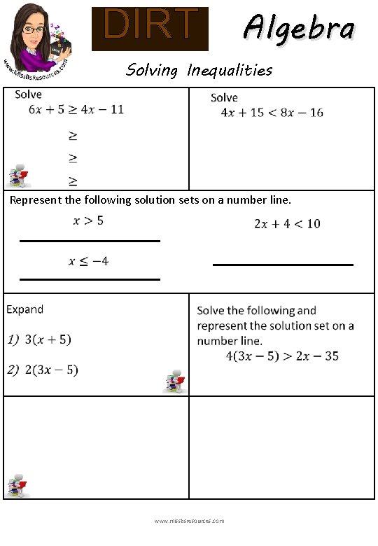 Algebra DIRT Solving Inequalities Represent the following solution sets on a number line. www.