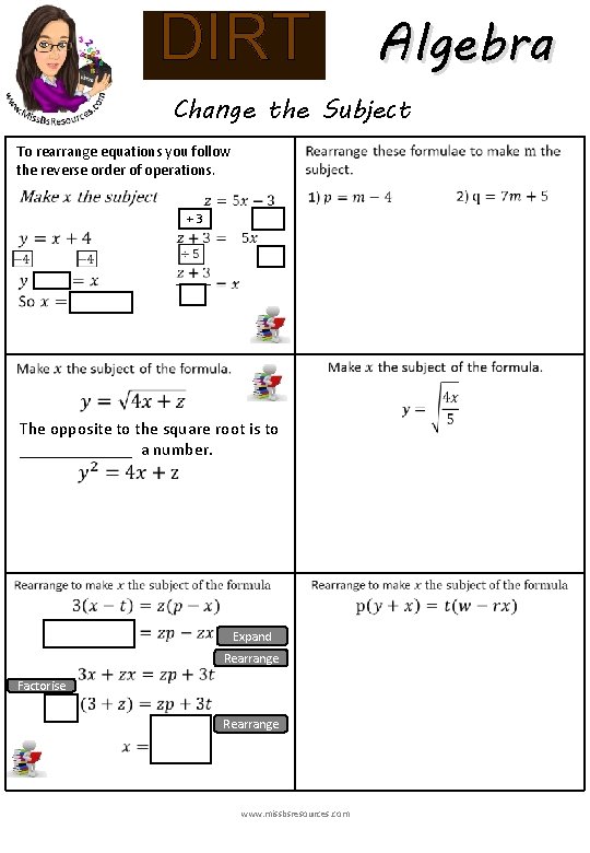 Algebra DIRT Change the Subject To rearrange equations you follow the reverse order of