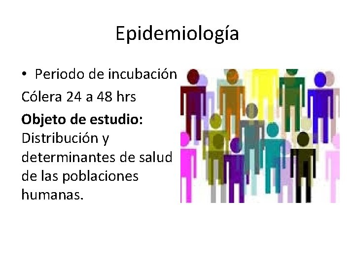 Epidemiología • Periodo de incubación Cólera 24 a 48 hrs Objeto de estudio: Distribución
