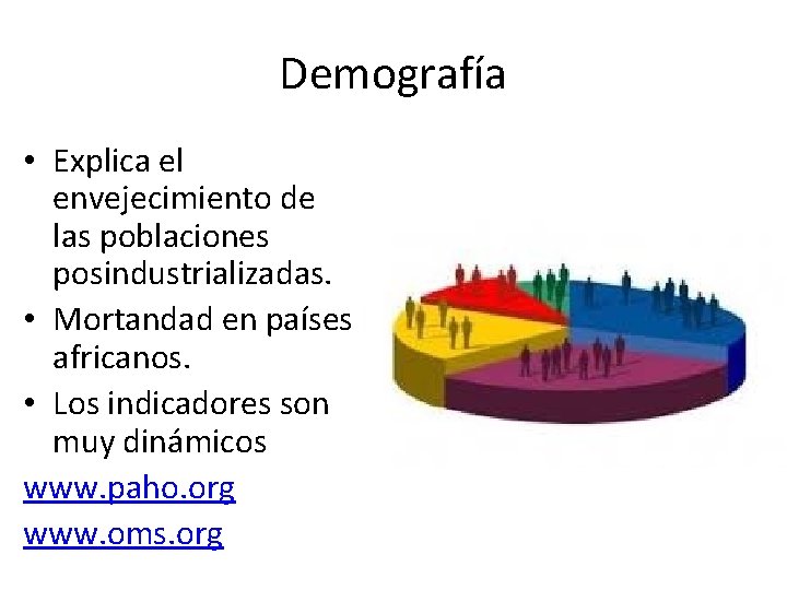 Demografía • Explica el envejecimiento de las poblaciones posindustrializadas. • Mortandad en países africanos.