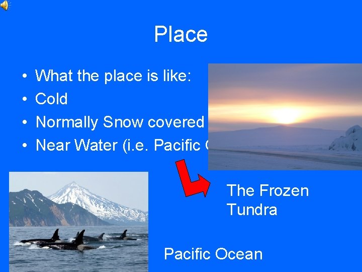 Place • • What the place is like: Cold Normally Snow covered (tundra) Near