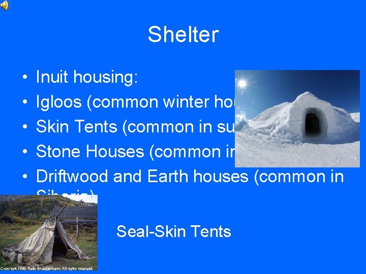 Shelter • • • Inuit housing: Igloos (common winter houses) Skin Tents (common in