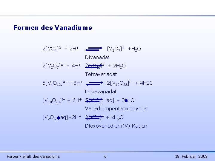 Formen des Vanadiums 2[VO 4]3 - + 2 H+ [V 2 O 7]4 -