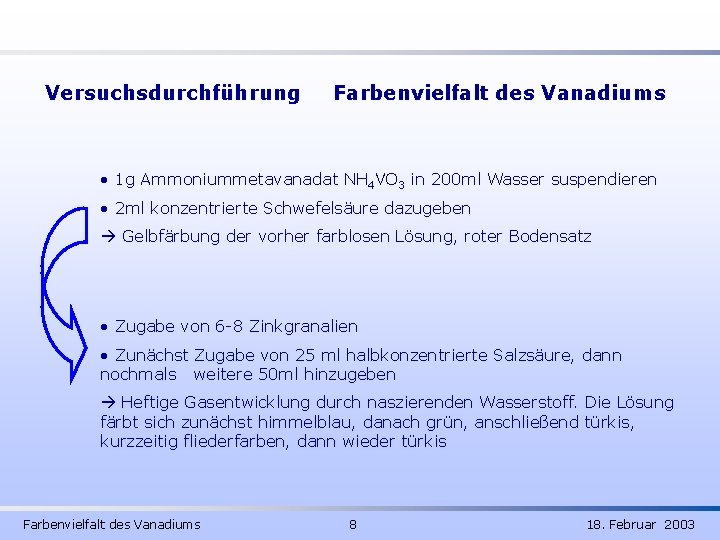 Versuchsdurchführung Farbenvielfalt des Vanadiums • 1 g Ammoniummetavanadat NH 4 VO 3 in 200