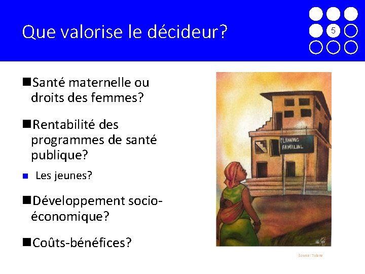 Que valorise le décideur? 7 n. Santé maternelle ou droits des femmes? n. Rentabilité