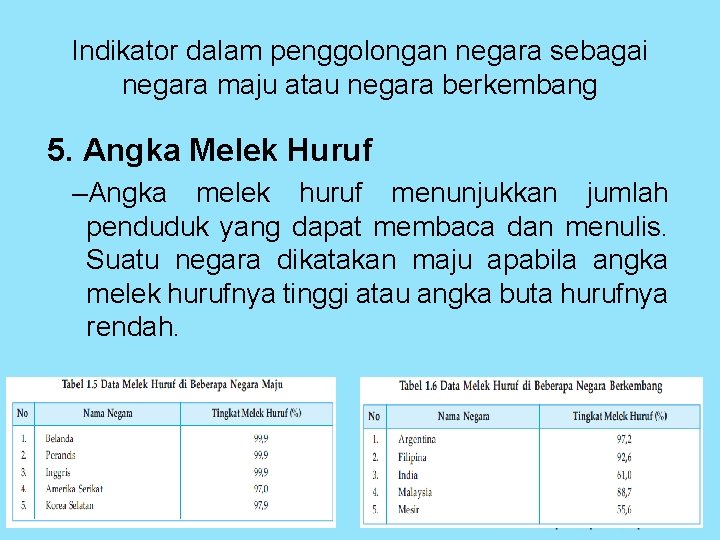 Indikator dalam penggolongan negara sebagai negara maju atau negara berkembang 5. Angka Melek Huruf