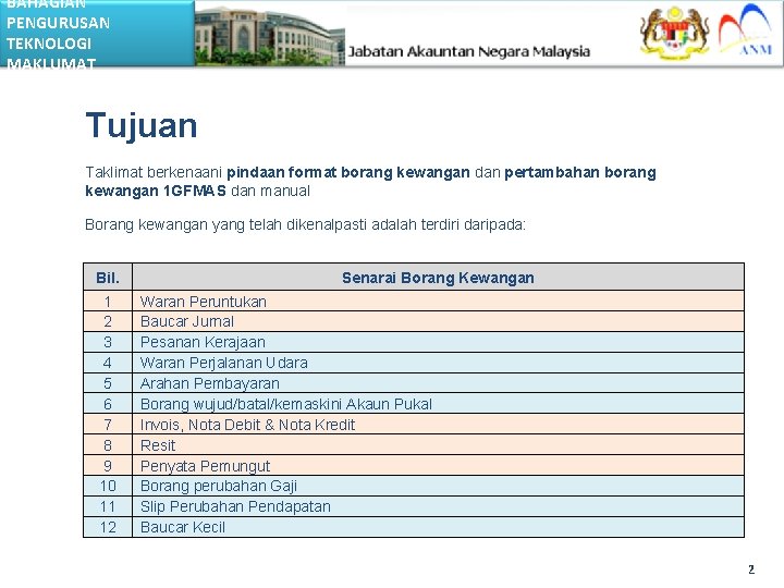 BAHAGIAN PENGURUSAN TEKNOLOGI MAKLUMAT Tujuan Taklimat berkenaani pindaan format borang kewangan dan pertambahan borang