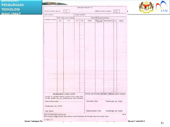 BAHAGIAN PENGURUSAN TEKNOLOGI MAKLUMAT Kertas Cadangan Pindaan / Tambahan Borang Kewangan 1 GFMAS dan