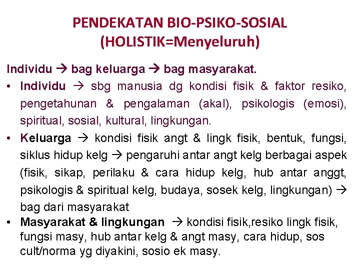 PENDEKATAN BIO-PSIKO-SOSIAL (HOLISTIK=Menyeluruh) Individu bag keluarga bag masyarakat. • Individu sbg manusia dg kondisi