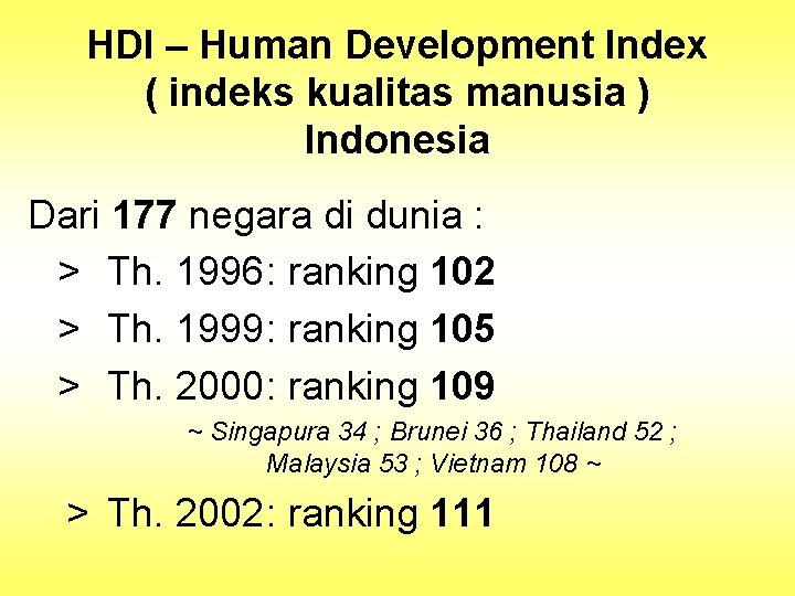 HDI – Human Development Index ( indeks kualitas manusia ) Indonesia Dari 177 negara