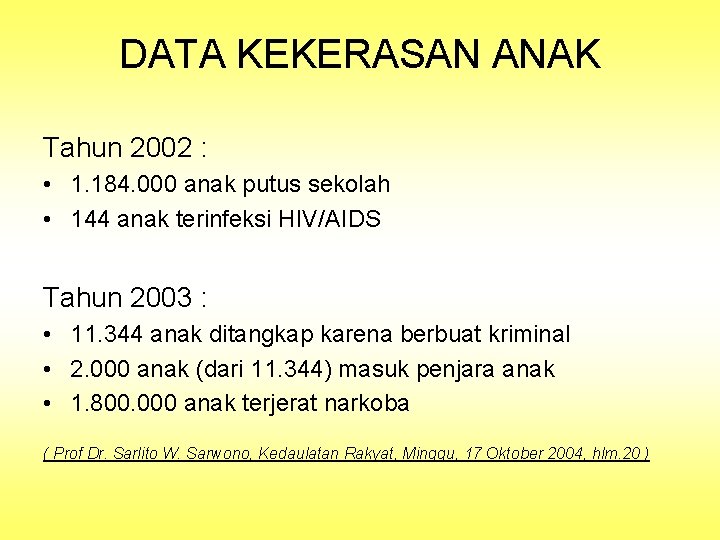 DATA KEKERASAN ANAK Tahun 2002 : • 1. 184. 000 anak putus sekolah •