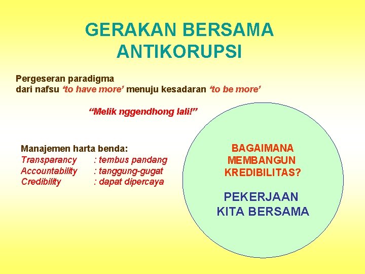 GERAKAN BERSAMA ANTIKORUPSI Pergeseran paradigma dari nafsu ‘to have more’ menuju kesadaran ‘to be