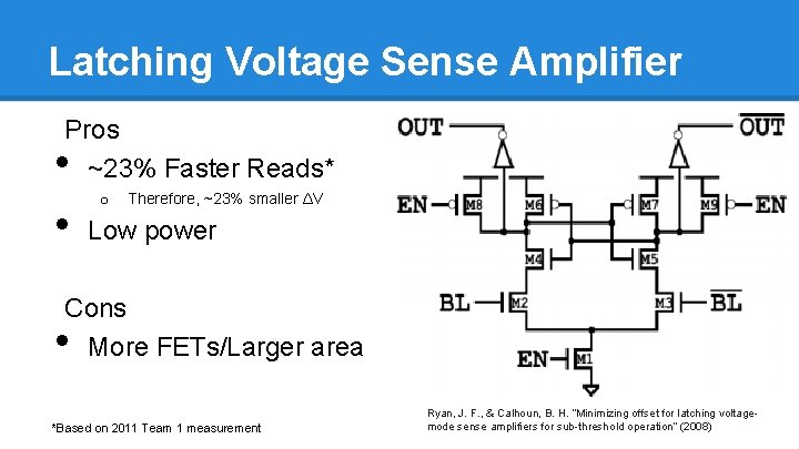 Latching Voltage Sense Amplifier Pros ~23% Faster Reads* • • o Therefore, ~23% smaller