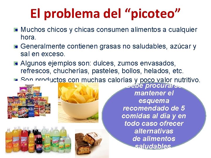 El problema del “picoteo” Muchos chicos y chicas consumen alimentos a cualquier hora. Generalmente