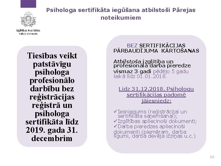 Psihologa sertifikāta iegūšana atbilstoši Pārejas noteikumiem Tiesības veikt patstāvīgu psihologa profesionālo darbību bez reģistrācijas