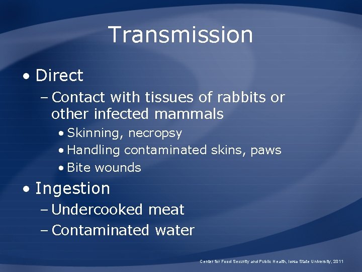 Transmission • Direct – Contact with tissues of rabbits or other infected mammals •