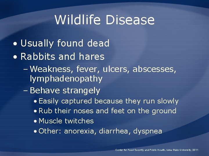 Wildlife Disease • Usually found dead • Rabbits and hares – Weakness, fever, ulcers,