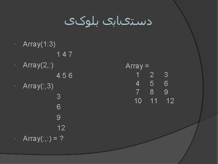  ﺩﺳﺘیﺎﺑی ﺑﻠﻮکی Array(1: 3) 147 Array(2, : ) 456 Array(: , 3) 3