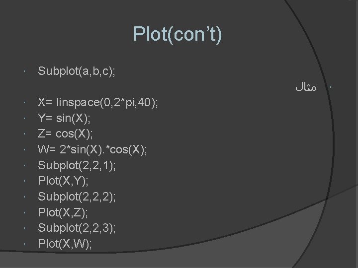 Plot(con’t) Subplot(a, b, c); ﻣﺜﺎﻝ X= linspace(0, 2*pi, 40); Y= sin(X); Z= cos(X); W=