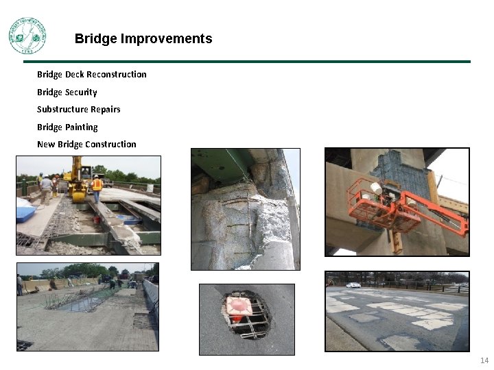 Bridge Improvements Bridge Deck Reconstruction Bridge Security Substructure Repairs Bridge Painting New Bridge Construction