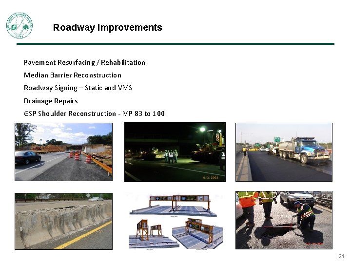 Roadway Improvements Pavement Resurfacing / Rehabilitation Median Barrier Reconstruction Roadway Signing – Static and