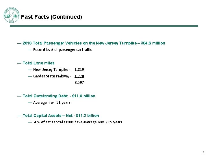 Fast Facts (Continued) — 2016 Total Passenger Vehicles on the New Jersey Turnpike –