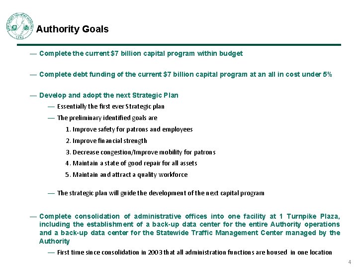 Authority Goals — Complete the current $7 billion capital program within budget — Complete