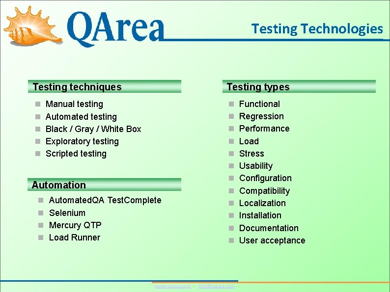 Testing Technologies Testing techniques Testing types Manual testing Automated testing Black / Gray /