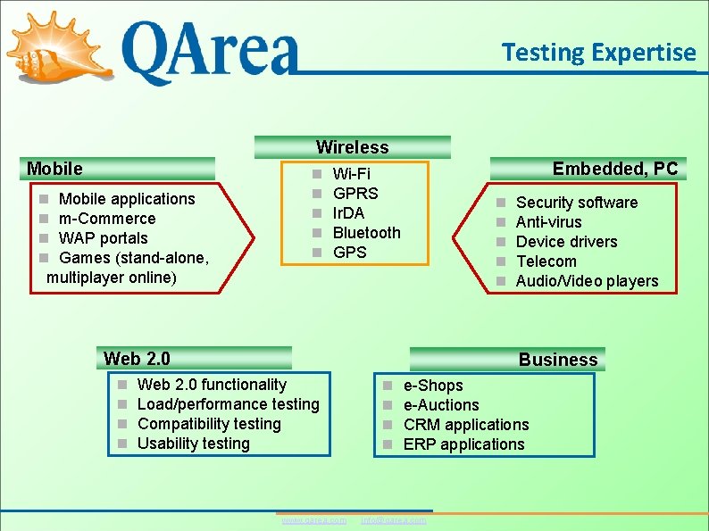 Testing Expertise Wireless Mobile applications m-Commerce WAP portals Games (stand-alone, multiplayer online) Embedded, PC