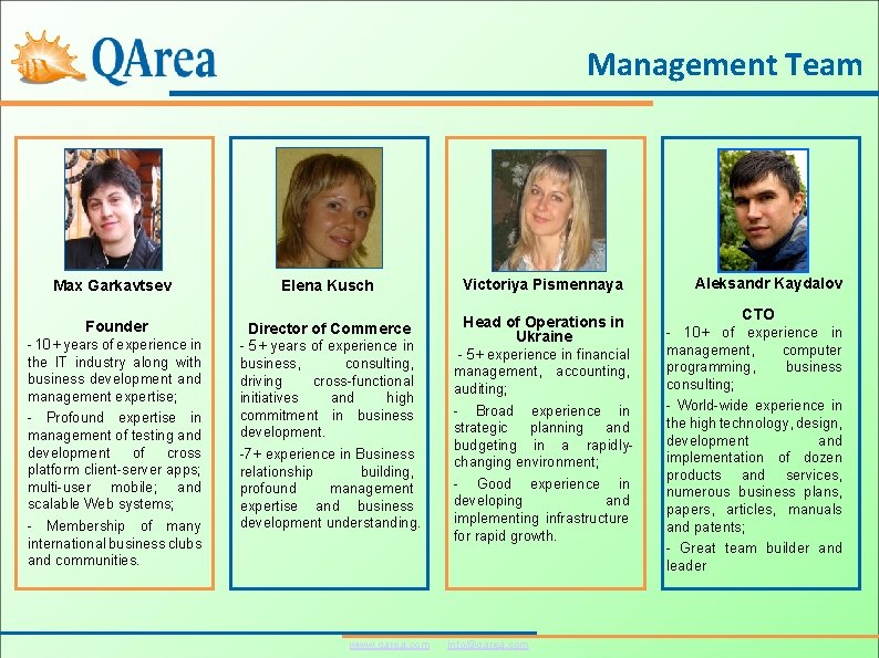 Management Team Max Garkavtsev Elena Kusch Victoriya Pismennaya Founder Director of Commerce Head of