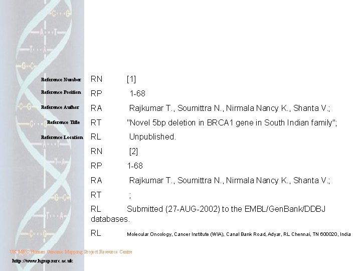 Reference Number RN [1] Reference Position RP 1 -68 Reference Author RA Rajkumar T.