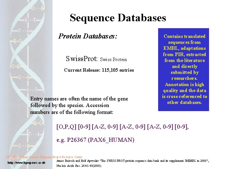 Sequence Databases Protein Databases: Swiss. Prot: Swiss Protein Current Release: 115, 105 entries Entry Sequence Databases Protein Databases: Swiss. Prot: Swiss Protein Current Release: 115, 105 entries Entry
