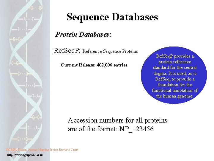 Sequence Databases Protein Databases: Ref. Seq. P: Reference Sequence Proteins Current Release: 402, 006 Sequence Databases Protein Databases: Ref. Seq. P: Reference Sequence Proteins Current Release: 402, 006