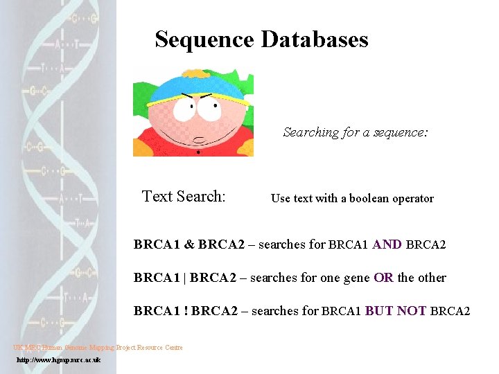 Sequence Databases Searching for a sequence: Text Search: Use text with a boolean operator Sequence Databases Searching for a sequence: Text Search: Use text with a boolean operator