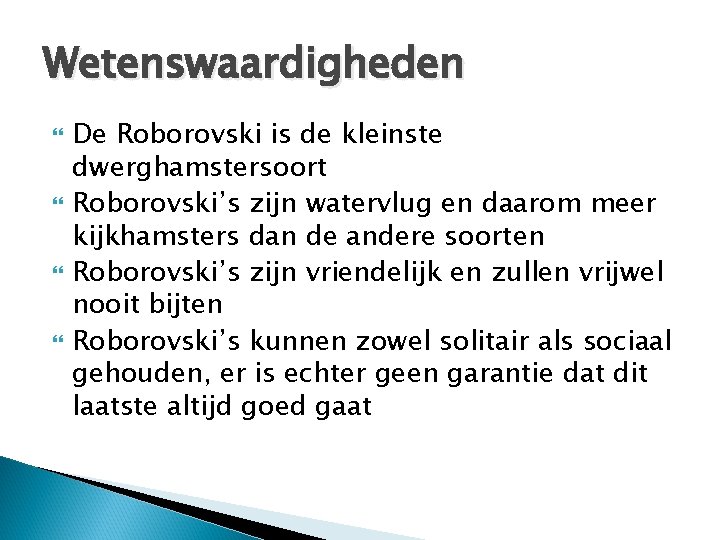 Wetenswaardigheden De Roborovski is de kleinste dwerghamstersoort Roborovski’s zijn watervlug en daarom meer kijkhamsters