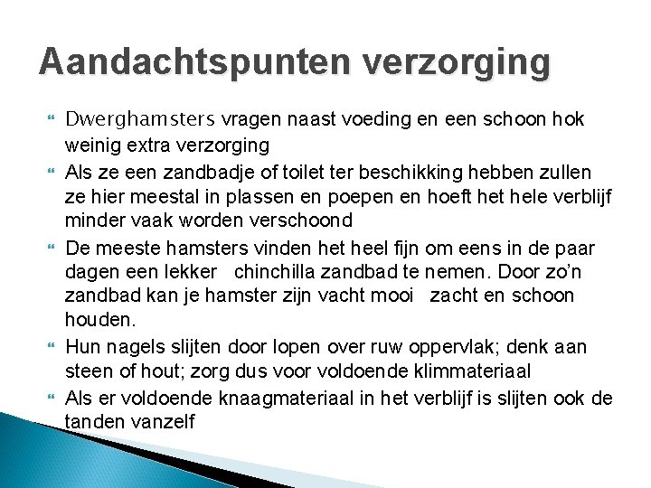 Aandachtspunten verzorging Dwerghamsters vragen naast voeding en een schoon hok weinig extra verzorging Als