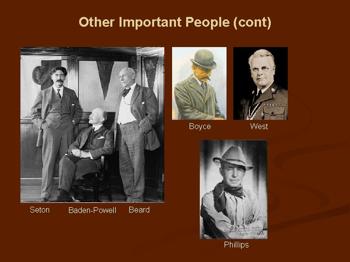 Other Important People (cont) Boyce Seton Baden-Powell West Beard Phillips 