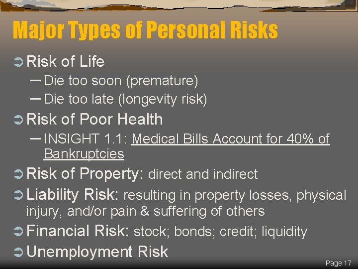 Major Types of Personal Risks Ü Risk of Life Ü Risk of Poor Health