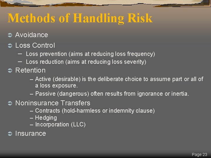 Methods of Handling Risk Avoidance Ü Loss Control Ü – – Ü Loss prevention