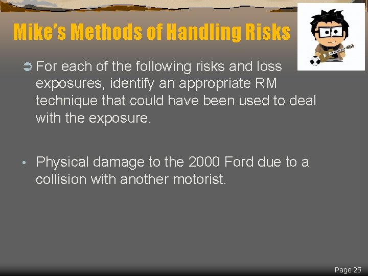 Spring 2019 Mike’s Methods of Handling Risks Ü For each of the following risks