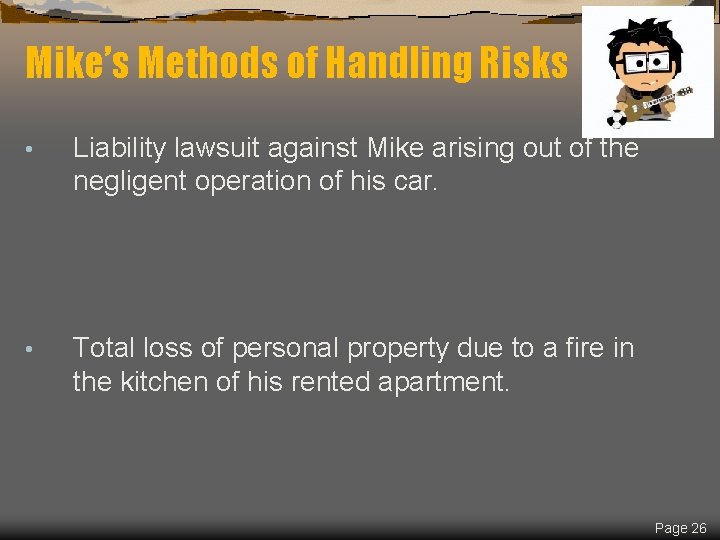 Spring 2019 Mike’s Methods of Handling Risks • Liability lawsuit against Mike arising out