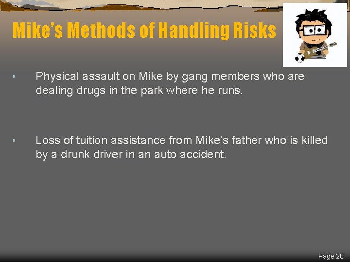 Spring 2019 Mike’s Methods of Handling Risks • Physical assault on Mike by gang