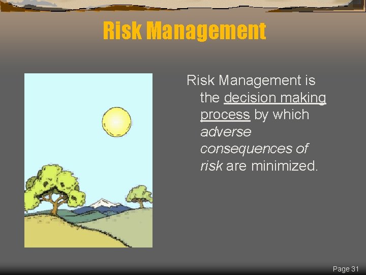 Risk Management is the decision making process by which adverse consequences of risk are