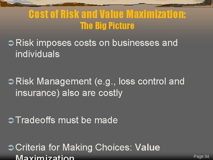 Cost of Risk and Value Maximization: The Big Picture Ü Risk imposes costs on