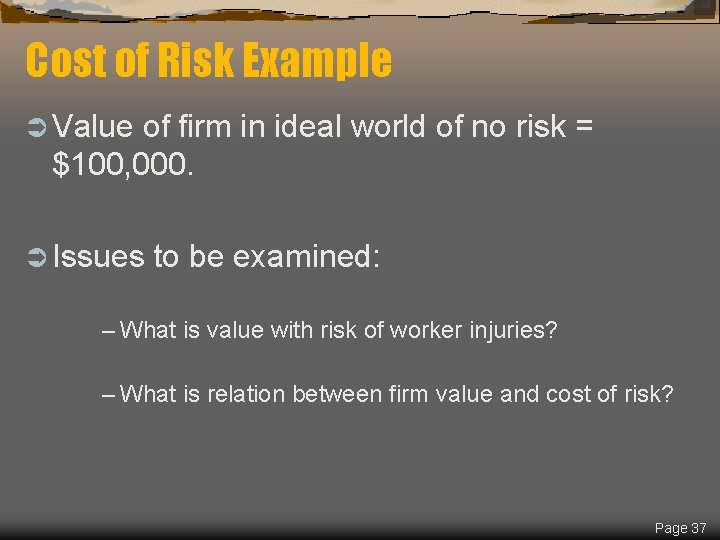 Cost of Risk Example Ü Value of firm in ideal world of no risk
